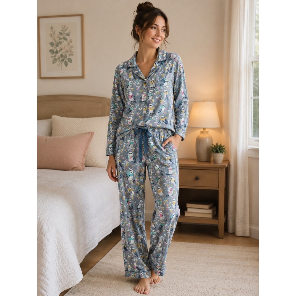 Nick & Nora Womens Flannel Pajama Set Blue Owl Print Cotton Sleepwear Small